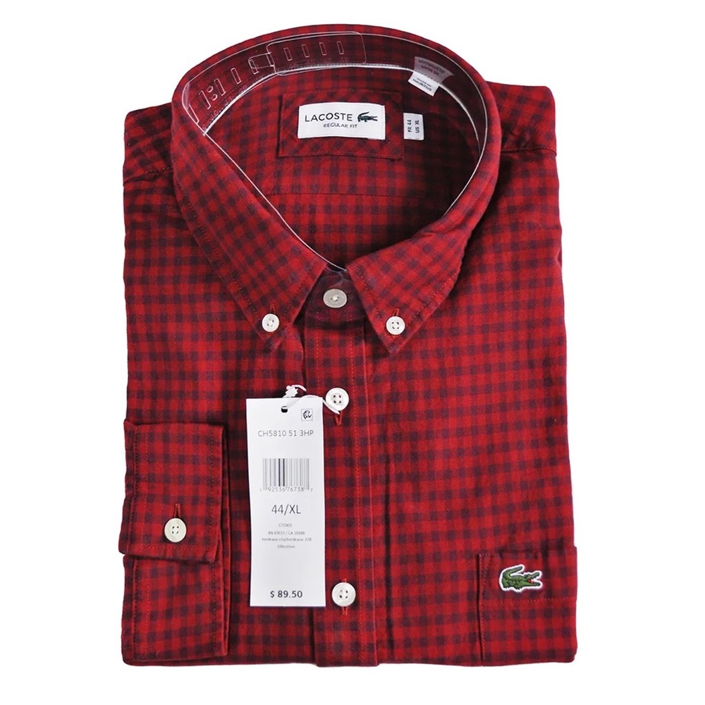 Lacoste mens dark red checkered shirt